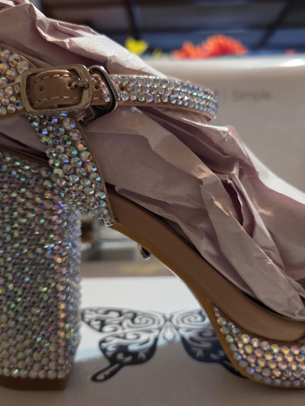Rhinestone Embellished Block Heel Sandal - Iridescent Crystal